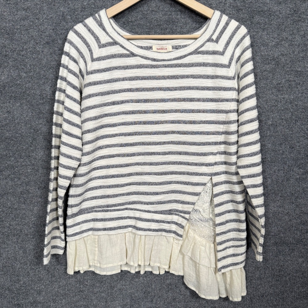 Sundance Sz Medium Sweater Top White Gray Striped Cotton Ruffle Hem Long Sleeves